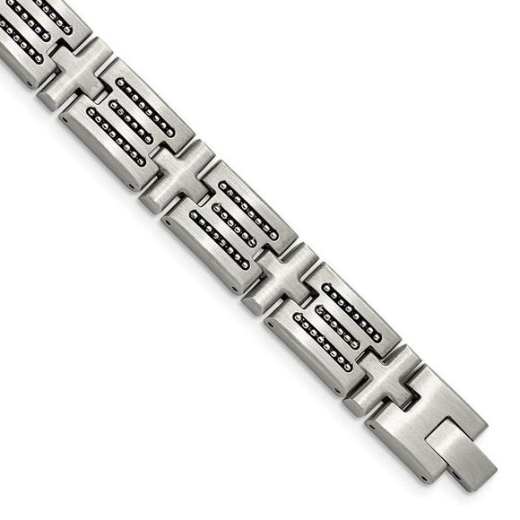 Mens 12mm Stainless Steel Brushed & Beaded Cross Link Bracelet 8.5 In